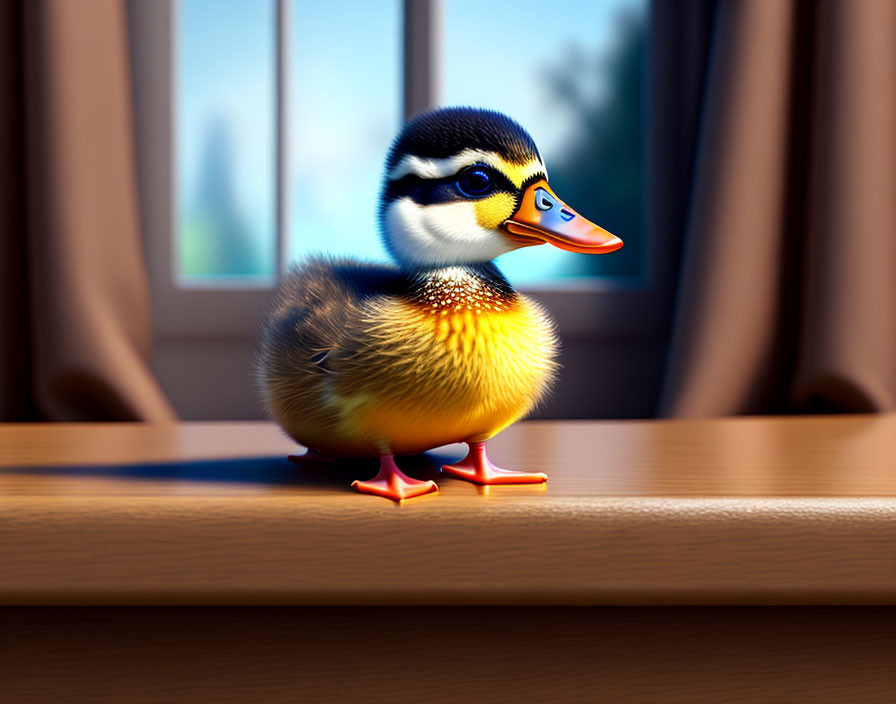 Fluffy Baby Duck on Wooden Surface with Sunlight and Blinds