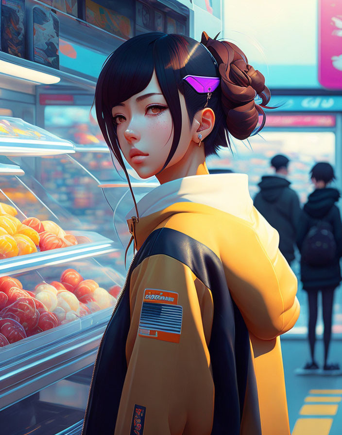 Digital artwork of young woman with dark hair and unique hairpin in yellow jacket at vibrant convenience store