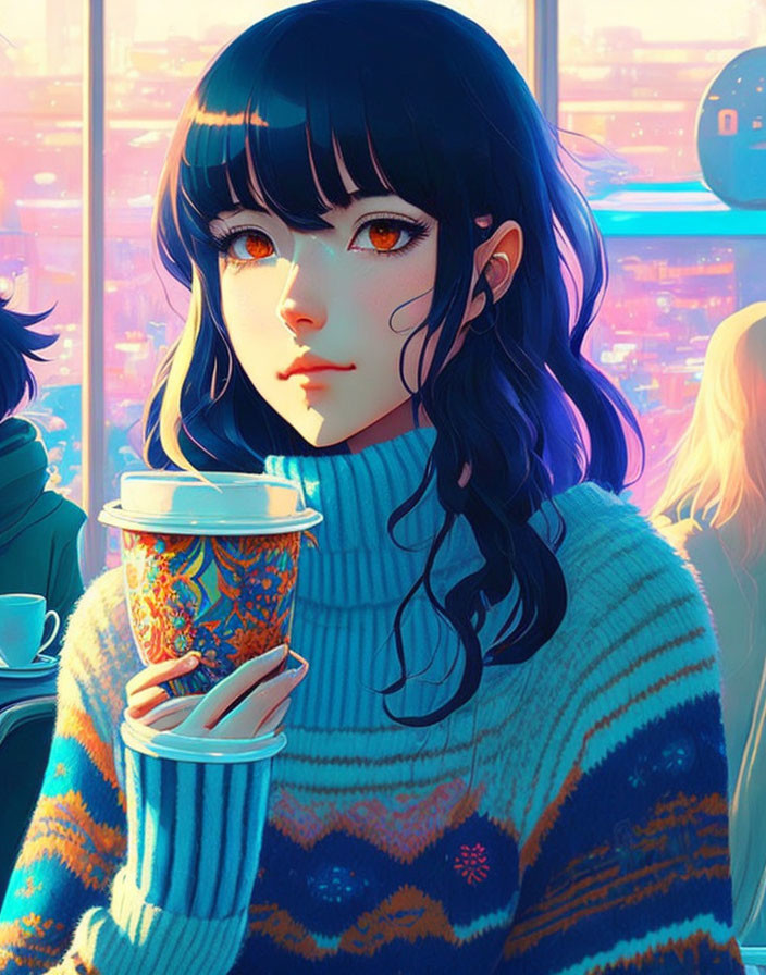 Dark-Haired Animated Character in Blue Sweater Holds Coffee Cup in Cafe at Sunset