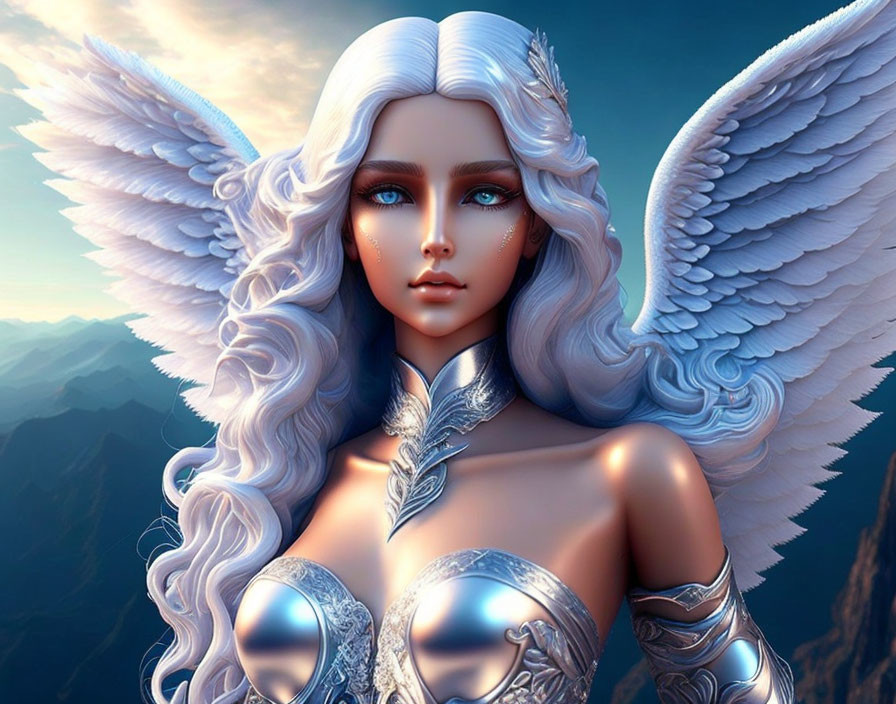 Digital artwork featuring female character with white angel wings, silver armor, and wavy white hair in mountain