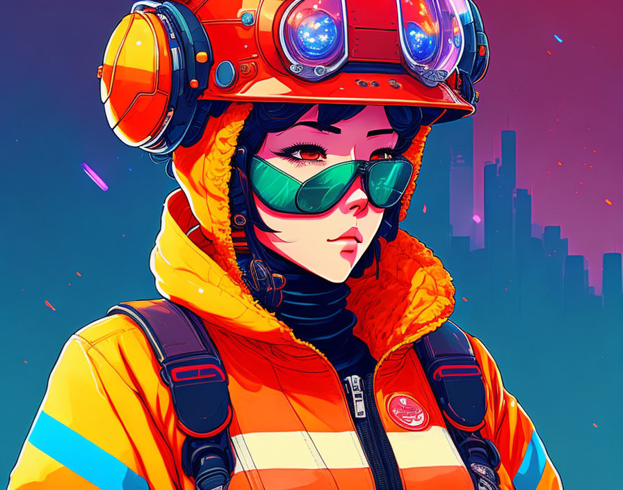 Digital artwork of person in vibrant jacket with red helmet and goggles against neon cityscape.