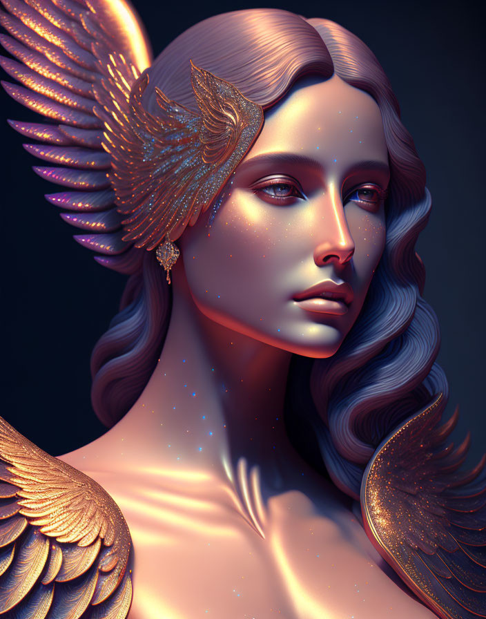 Golden-winged woman: 3D illustration with glowing skin and wavy hair