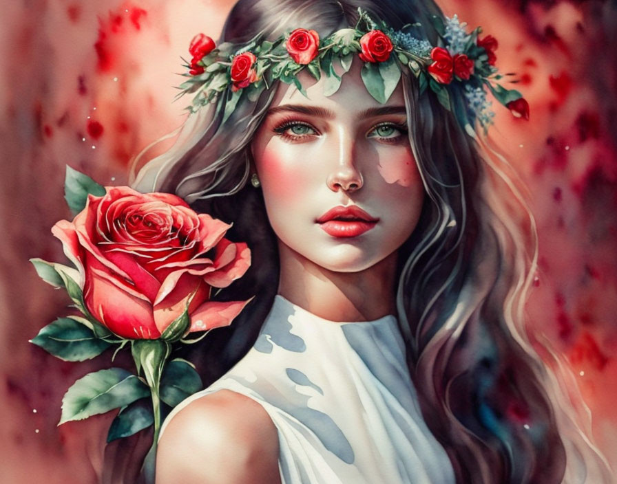 Digital painting of woman with floral crown and rose, vibrant green eyes, red falling petals.