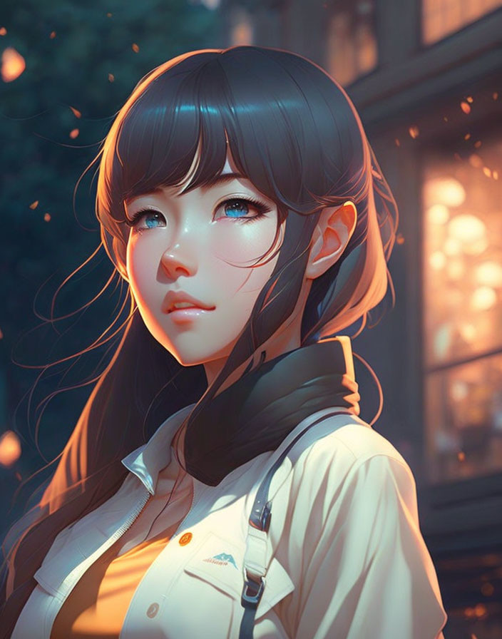 Detailed Illustration of Girl with Blue Eyes and Black Hair surrounded by Glowing Embers