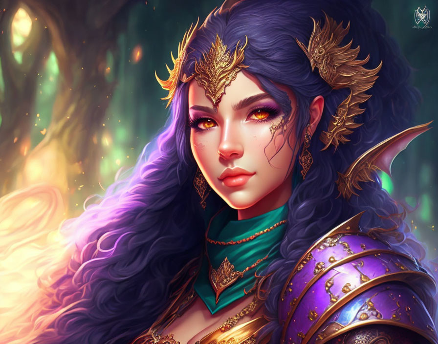 Illustrated female warrior with purple hair and golden armor in enchanted forest.