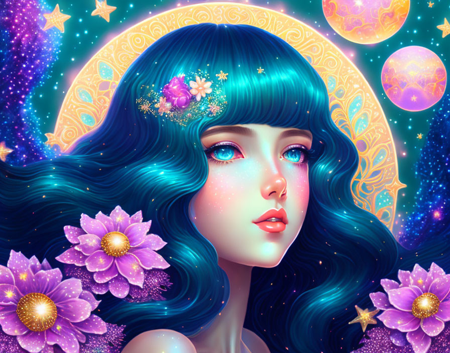 Colorful digital artwork: girl with blue hair and flowers in cosmic setting