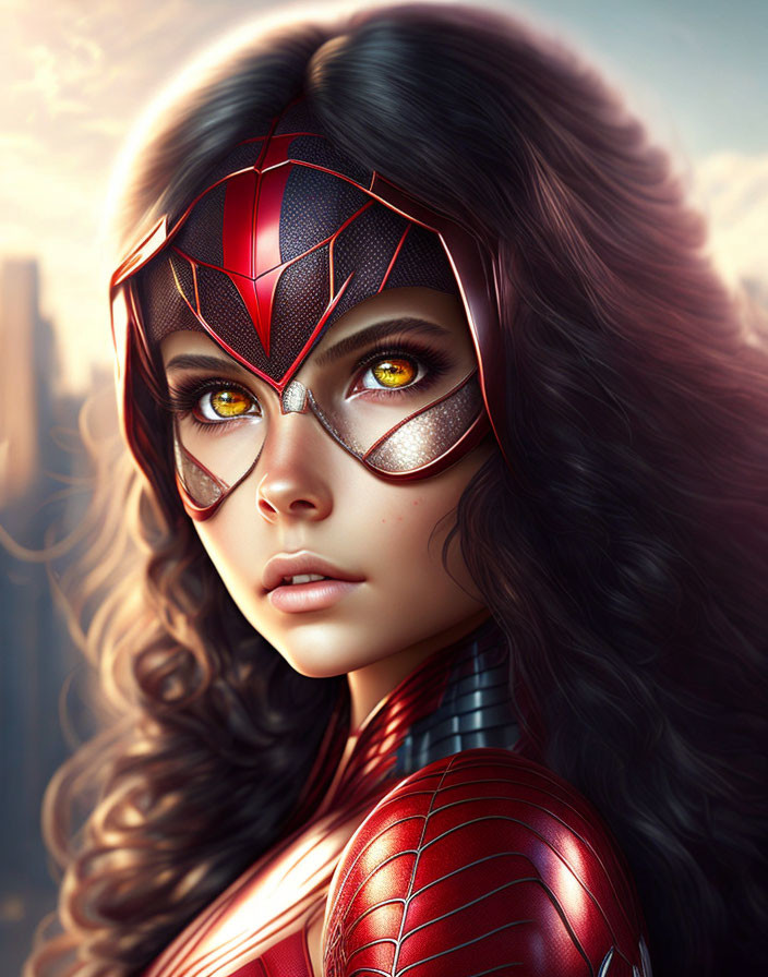 Digital artwork featuring woman with hazel eyes in superhero mask and suit against cityscape.