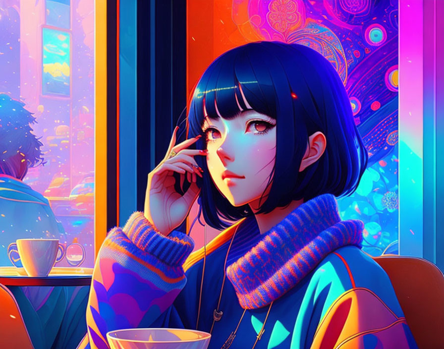 Illustrated girl with short black hair in colorful café scene.