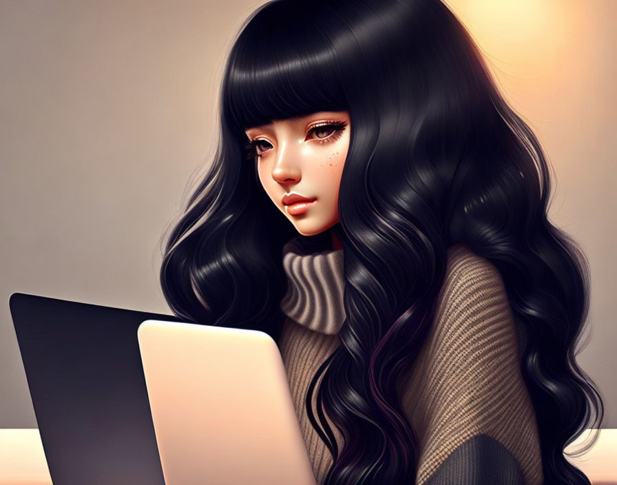 Illustrated woman with long black hair in turtleneck using laptop