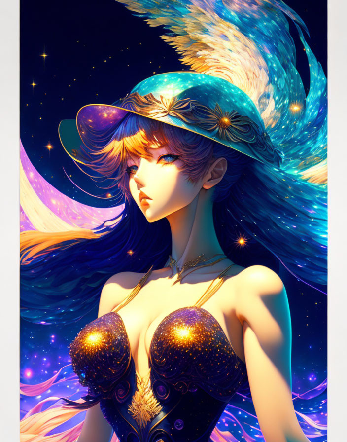 Celestial-themed female character with galaxy attire on starry backdrop