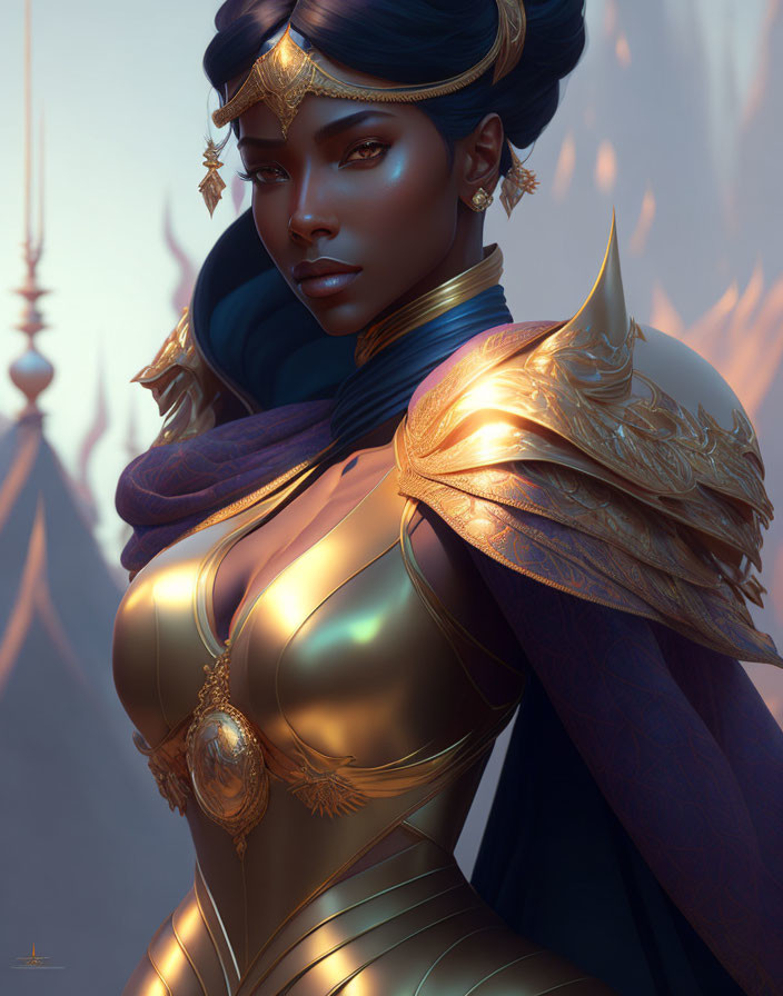 Regal woman in golden armor with intricate details and blue scarf