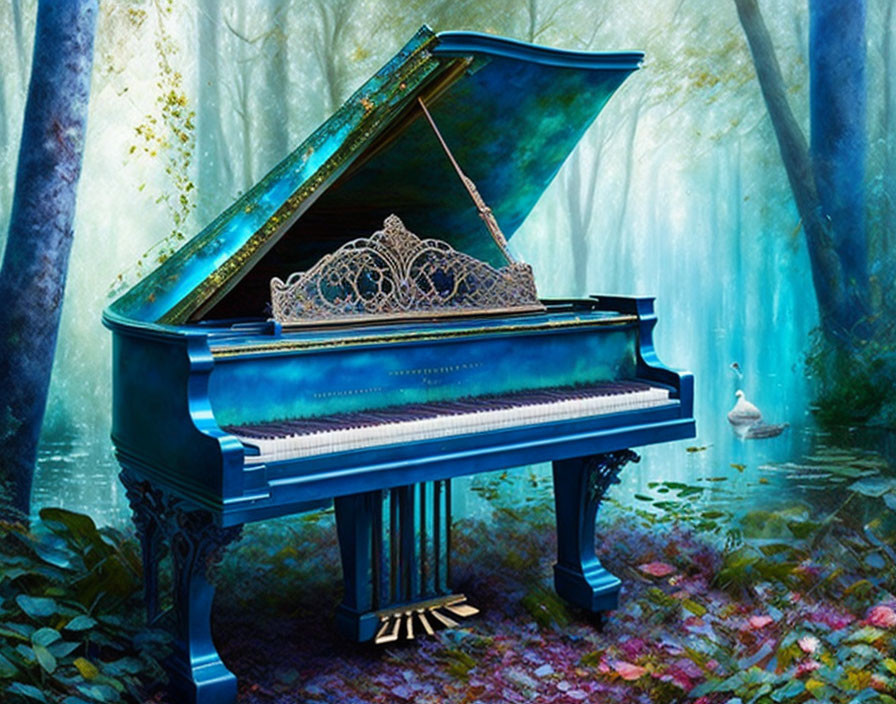 Grand Piano with Crown in Mystical Blue Forest with Swan