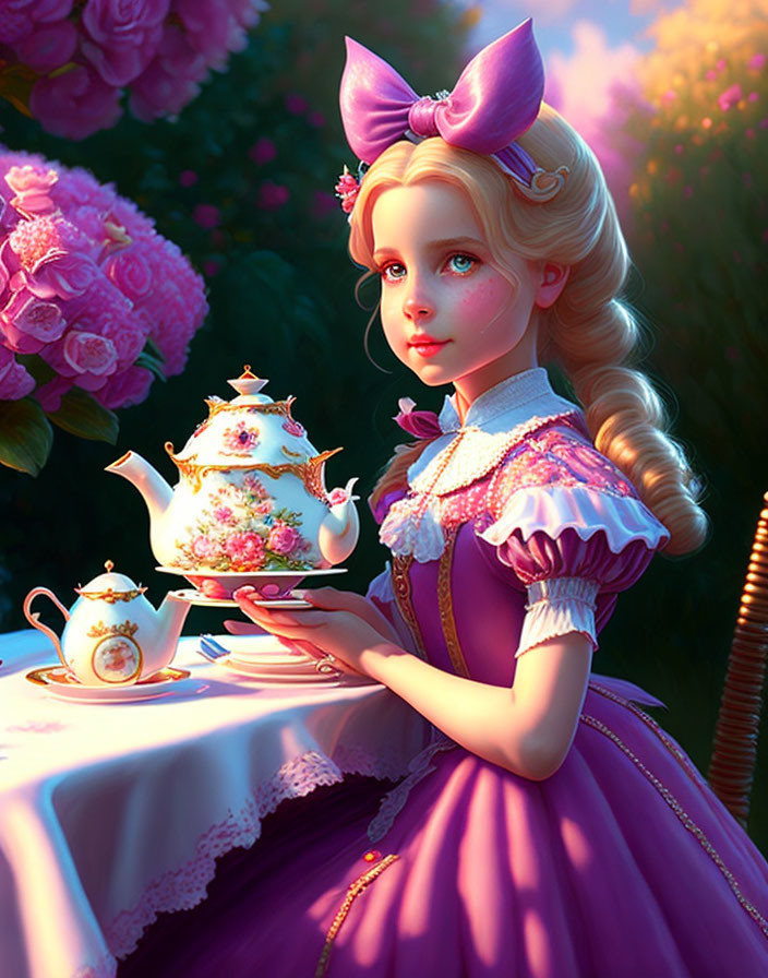 Victorian girl in pink dress serving tea among lush flowers