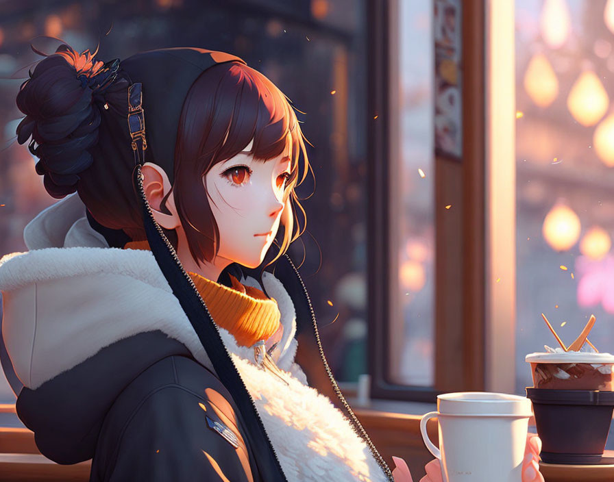 Brown-haired anime girl in café with headphones, black jacket, yellow scarf, holding a mug