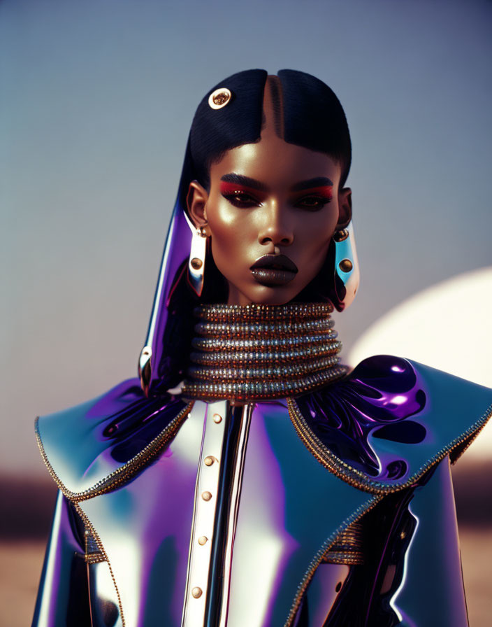 Stylized portrait of person in futuristic attire with choker necklace and bold makeup