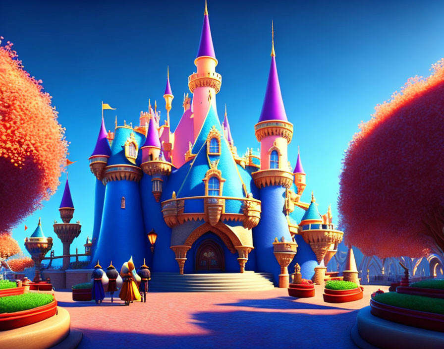 Vibrant Animated Castle with Tall Spires in Whimsical Setting