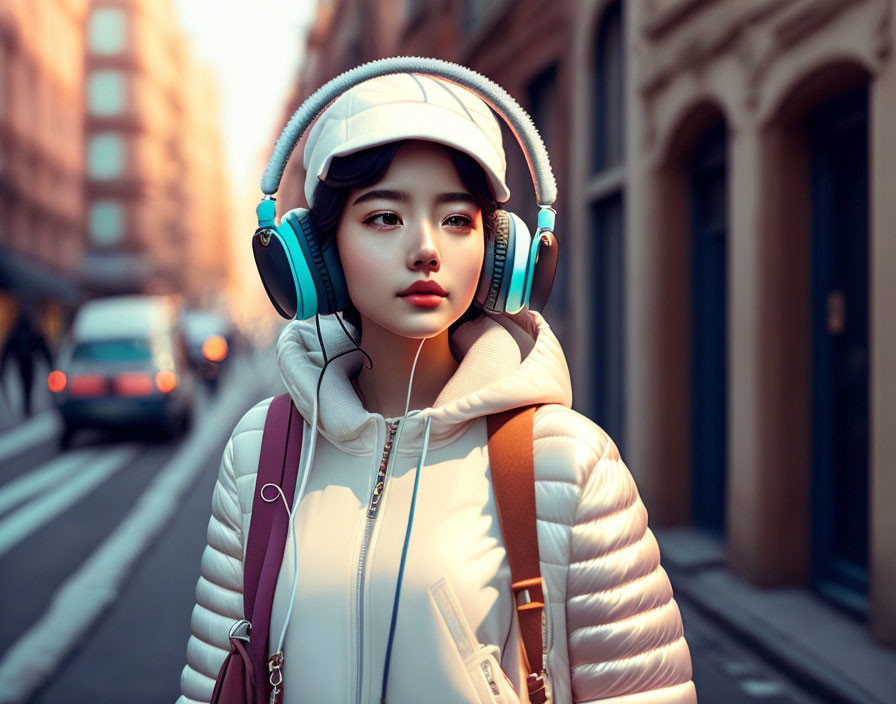 Young woman with cap and headphones walking in city street at sunset