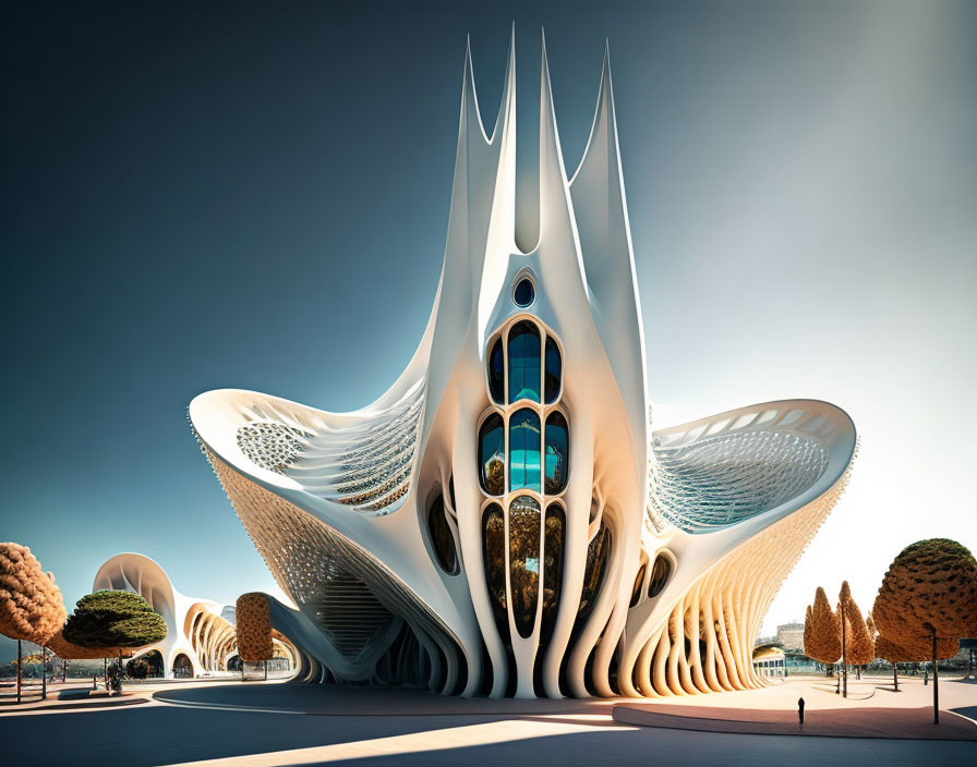 Organic design futuristic building with pointed spires and large windows in landscaped setting