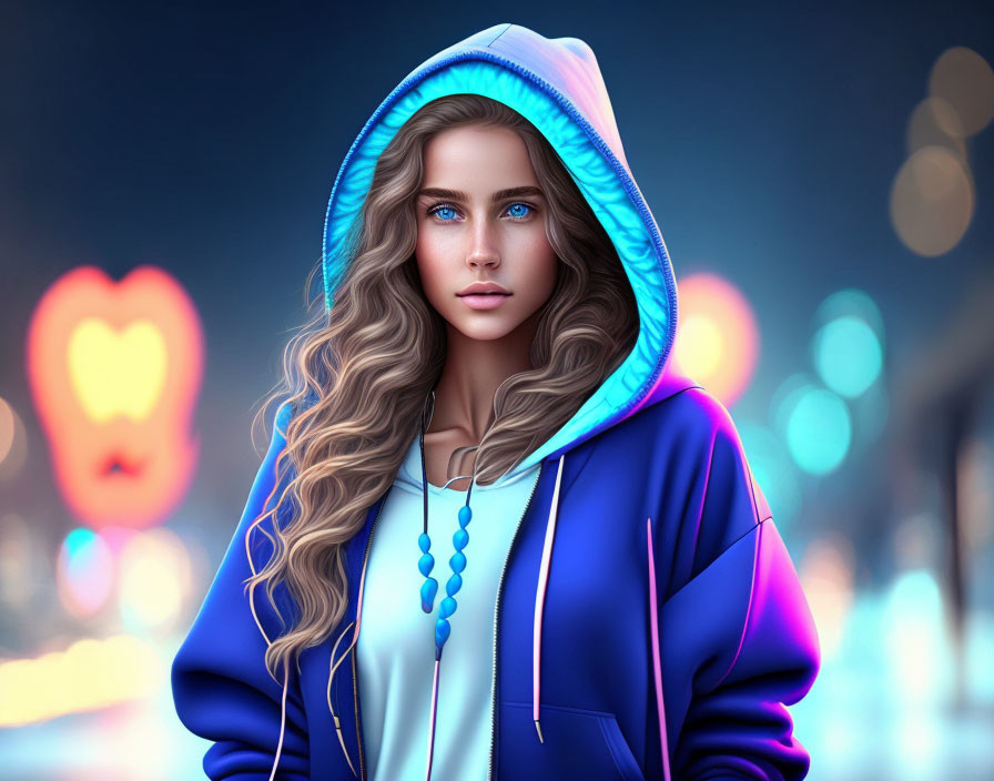 Digital artwork: Woman with blue eyes and long wavy hair in vibrant blue hoodie on bokeh-l