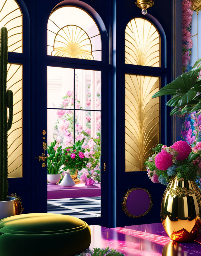 Luxurious room with gold-trimmed blue door, elegant windows, indoor plants, and garden view