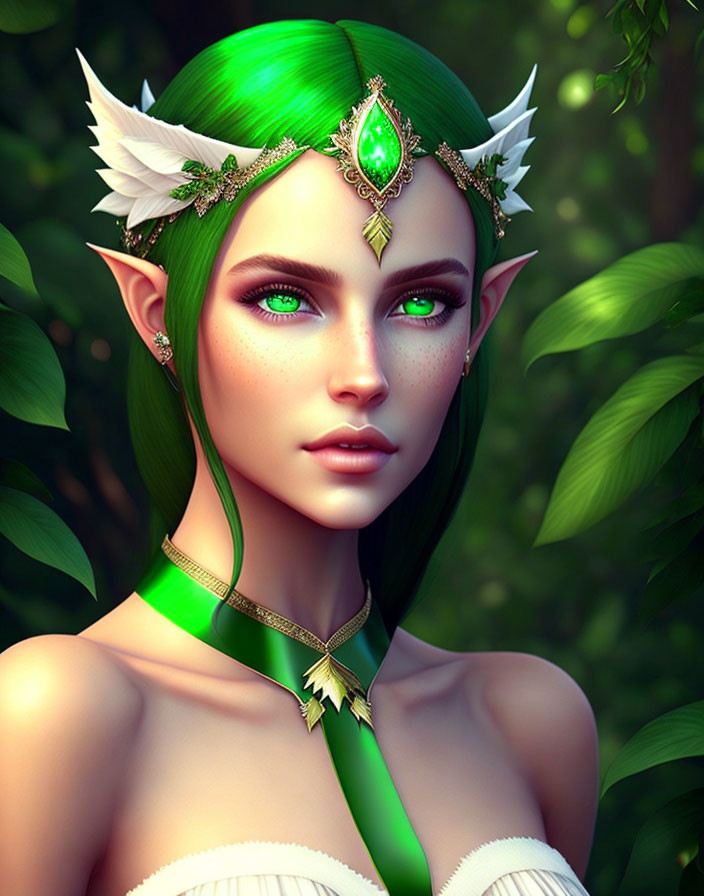 Fantasy elf woman digital artwork with green hair and jewel-encrusted accessories