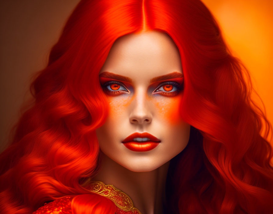 Vibrant red-haired woman with blue eyes in fantasy-inspired digital art