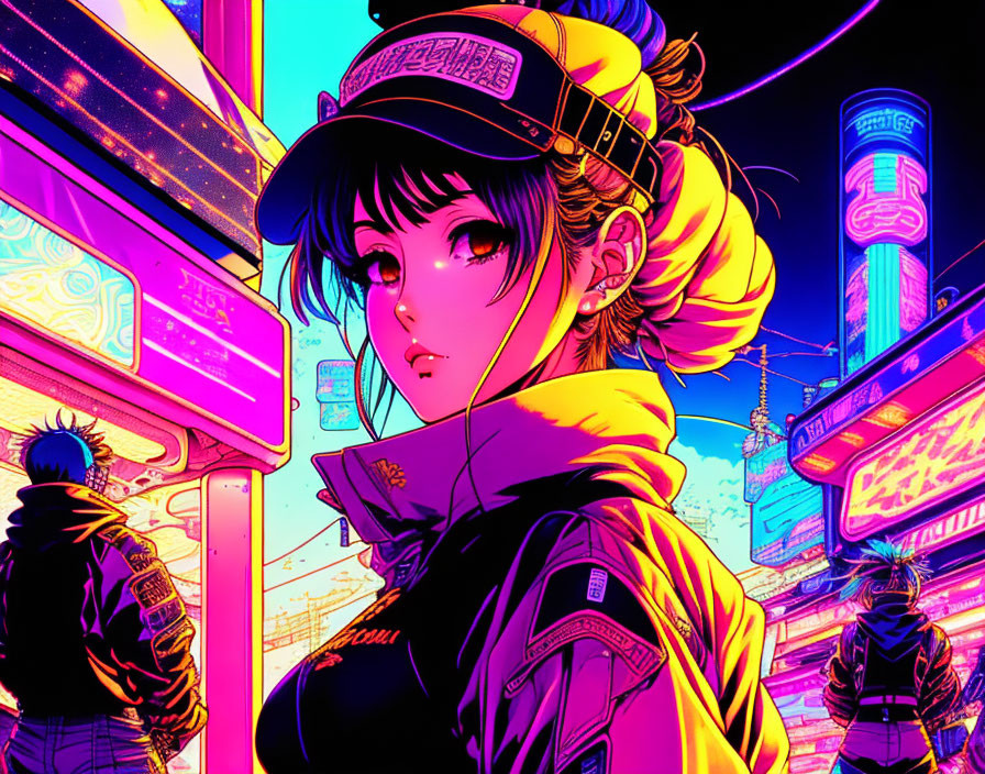 Cyberpunk-style anime girl with cap and headphones in neon-lit cityscape