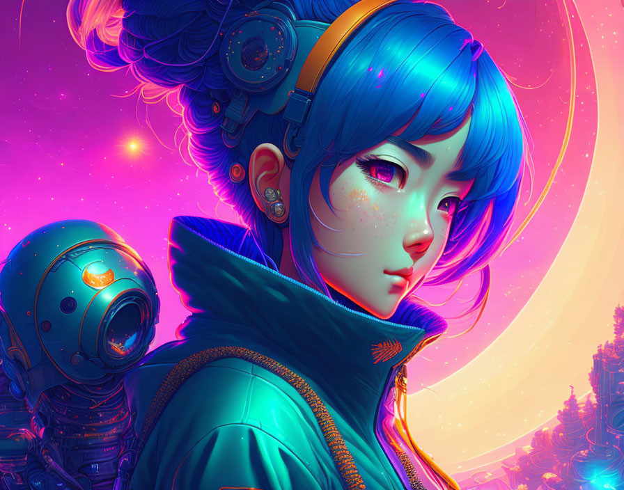 Colorful digital artwork: Girl with blue hair and futuristic jacket, neon colors, robotic background