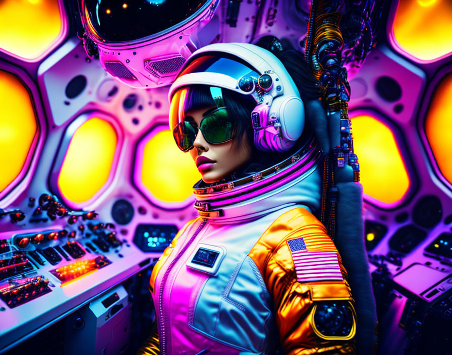 Colorful futuristic astronaut in vibrant space suit at illuminated console