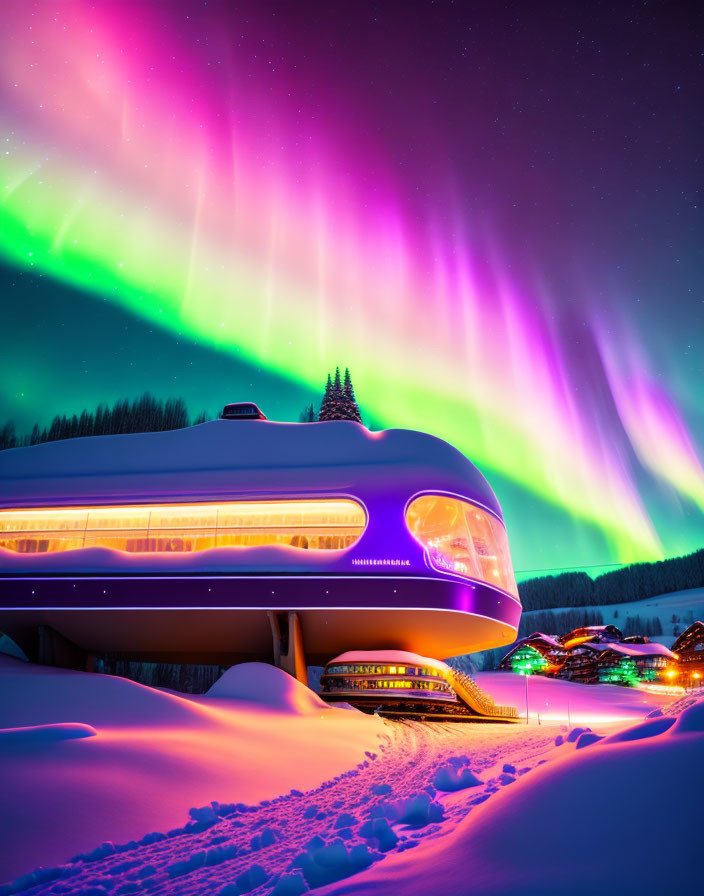 Vibrant aurora borealis over snowy landscape with futuristic train and buildings