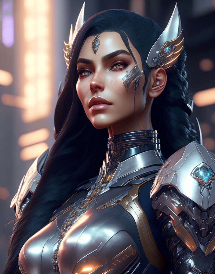 Futuristic digital artwork of female character in silver armor against urban backdrop