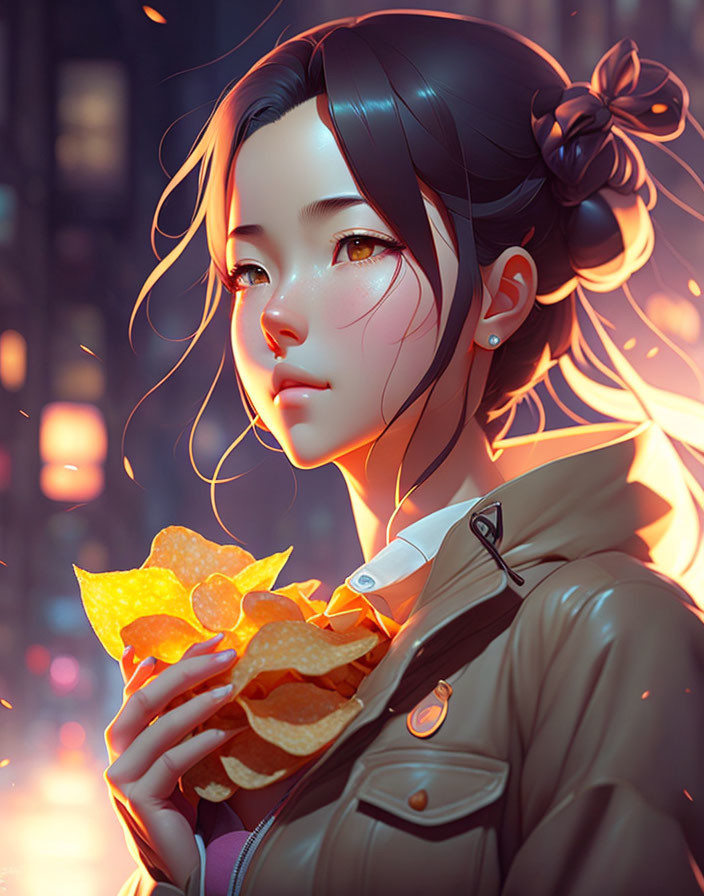 Young woman with dark hair holding golden leaves in front of cityscape.