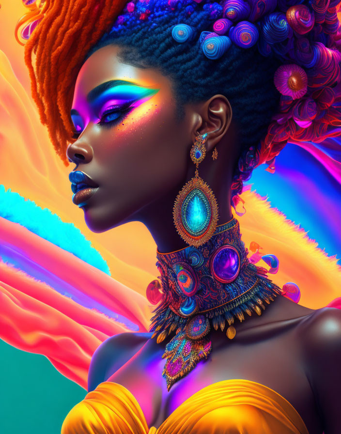 Colorful digital artwork: Woman with orange hair and blue skin, adorned with jewelry on neon backdrop