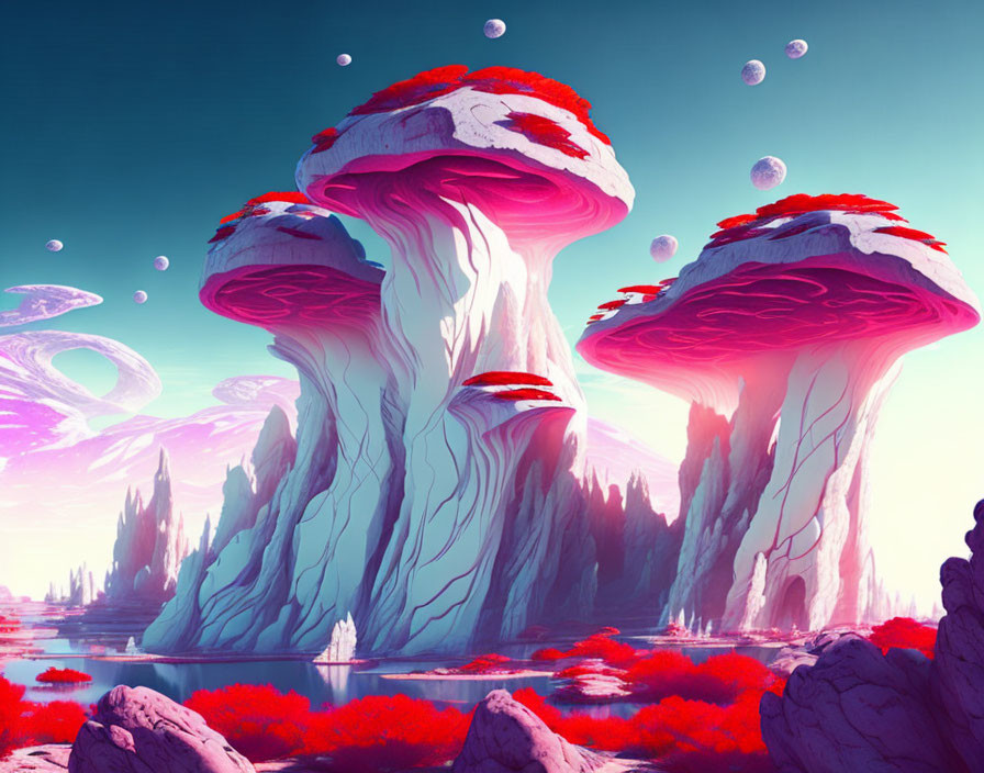 Fantasy landscape with colossal mushroom-shaped structures and floating orbs