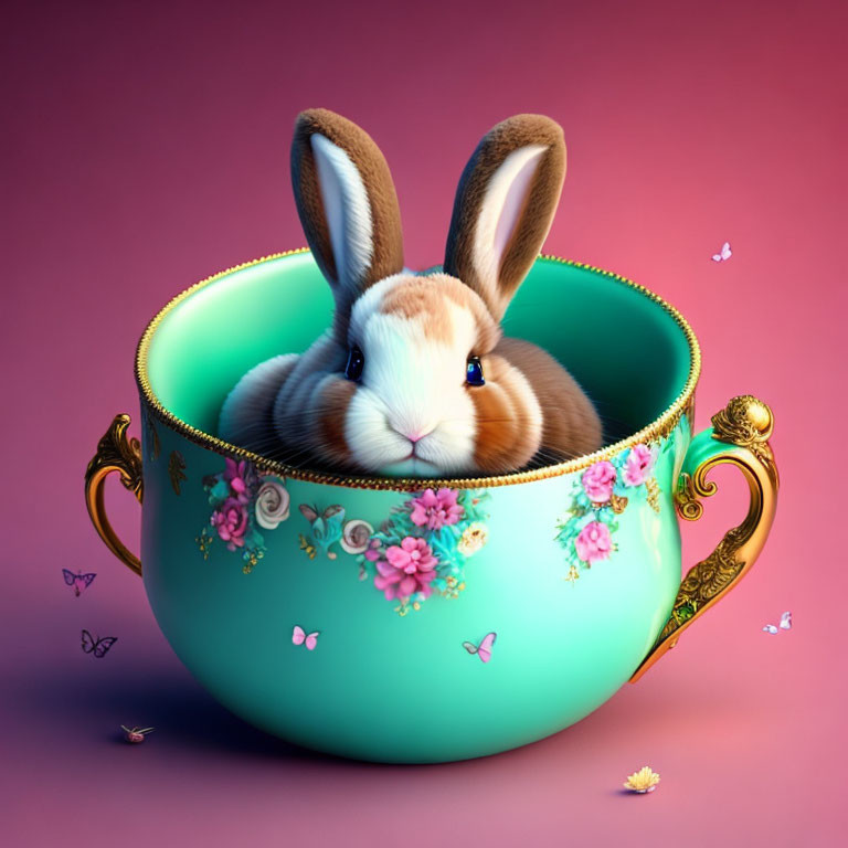 Brown and White Rabbit in Teal Teacup with Gold Accents and Butterflies