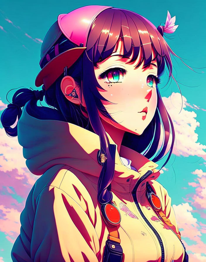 Black-Haired Anime Girl in Yellow Jacket and Helmet on Vibrant Background