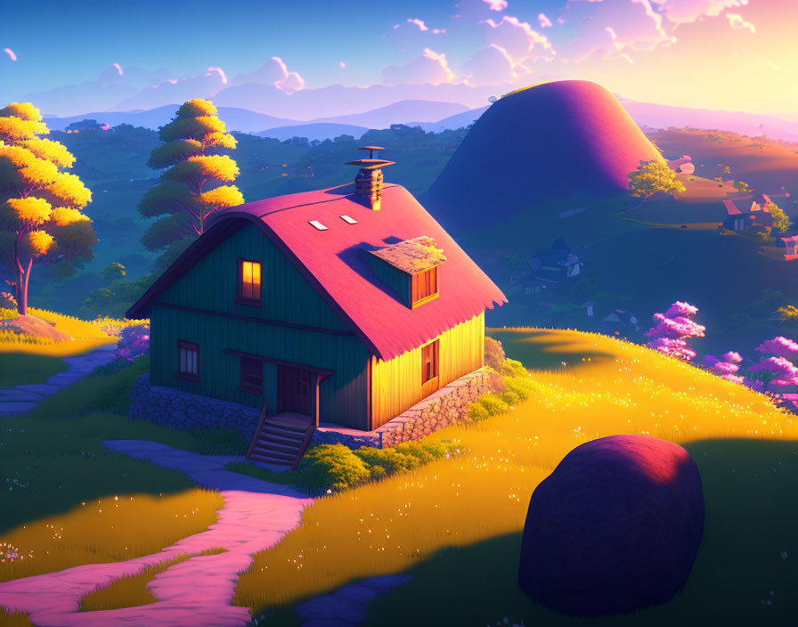 Vibrant digital illustration: Red house in blooming meadow at sunset