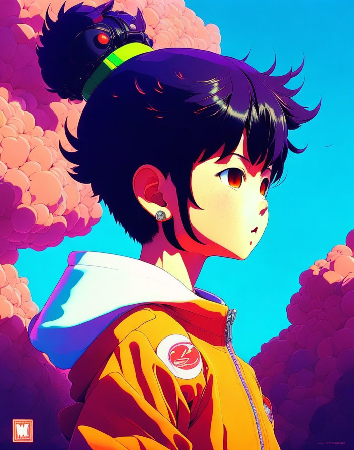 Character with Short Black Hair in Orange Jacket Against Pink Clouds & Blue Sky