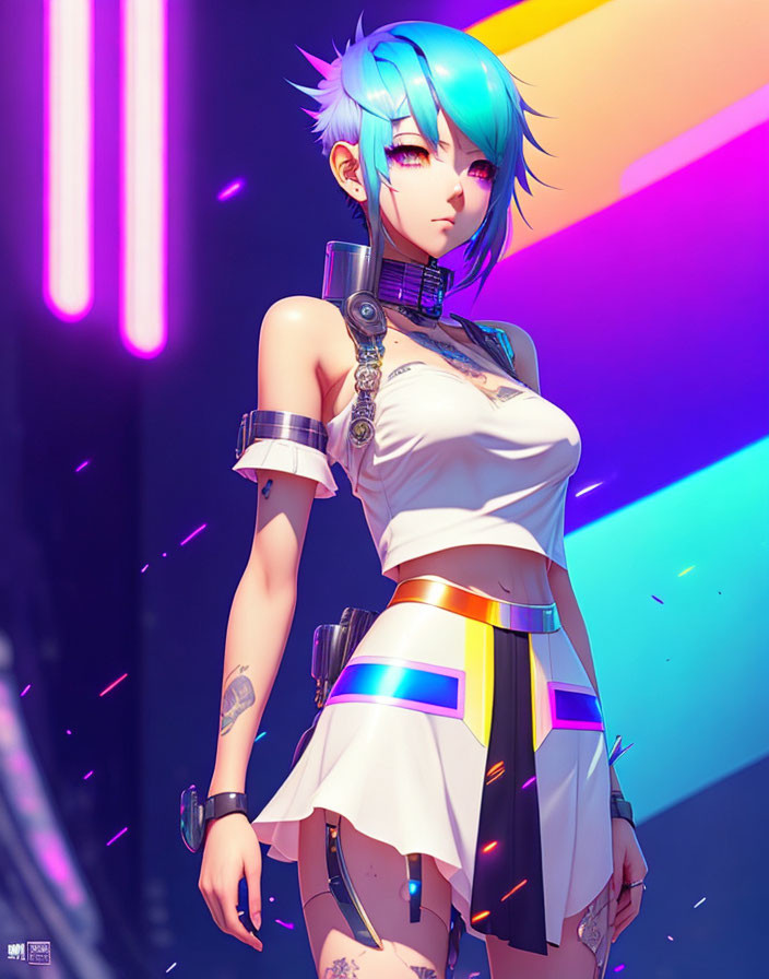 Futuristic female character with blue hair and cybernetic enhancements in white outfit on neon-lit