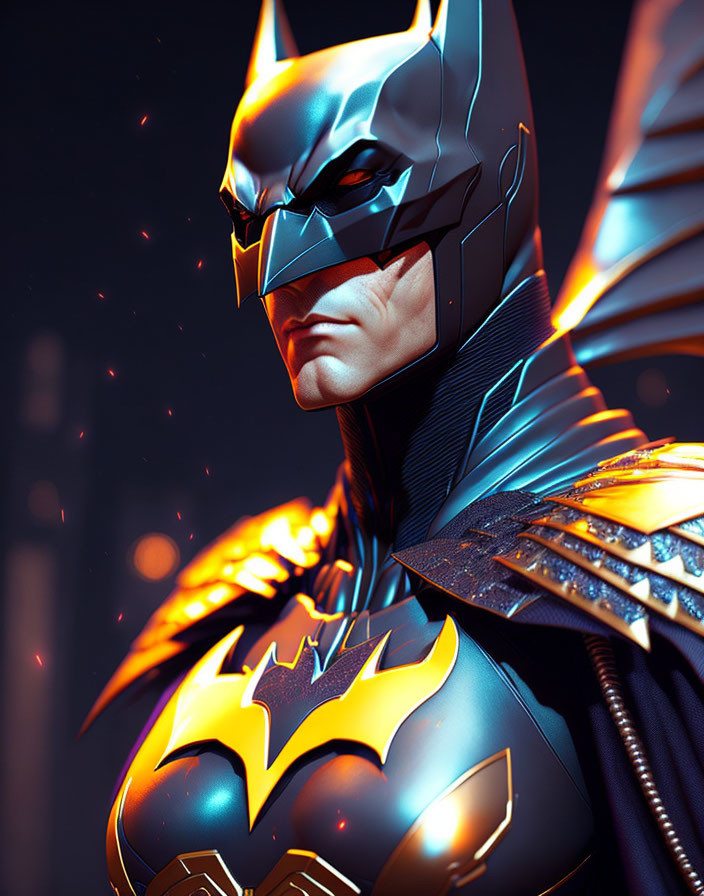 Detailed Stylized Batman Close-Up with Glowing Eyes and Embers