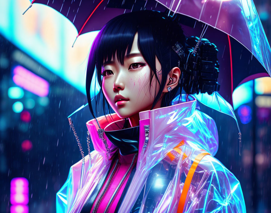 Young woman in futuristic attire with black hair, holding transparent umbrella in neon-lit cityscape.