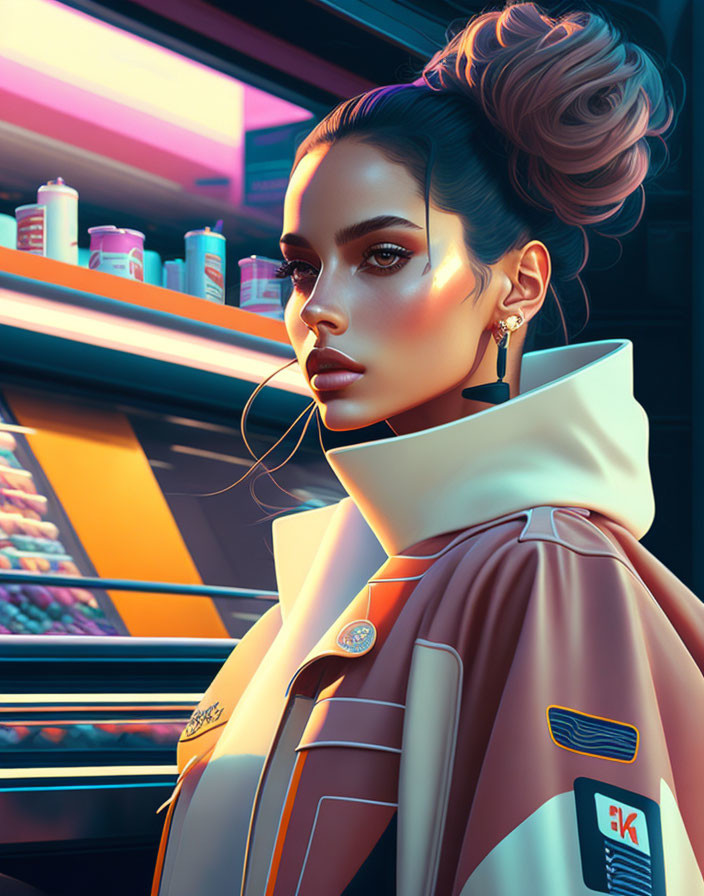 Digital portrait of a woman with bun, earrings, and jacket in front of vibrant shelves