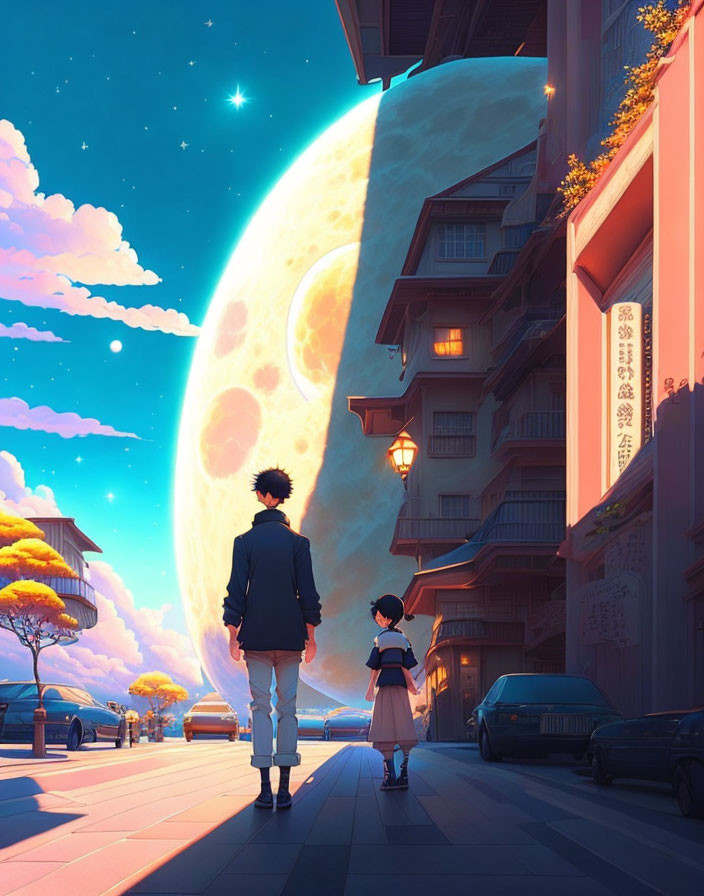 Animated characters admire gigantic moon over traditional street at twilight