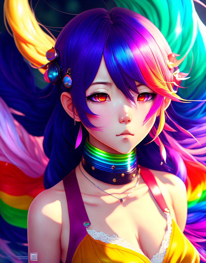 Vibrant Multicolored Hair Anime Character Illustration