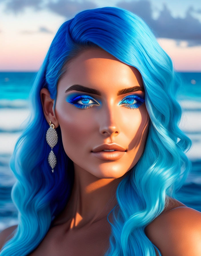 Blue-haired woman with dramatic eye makeup on beach at sunset.