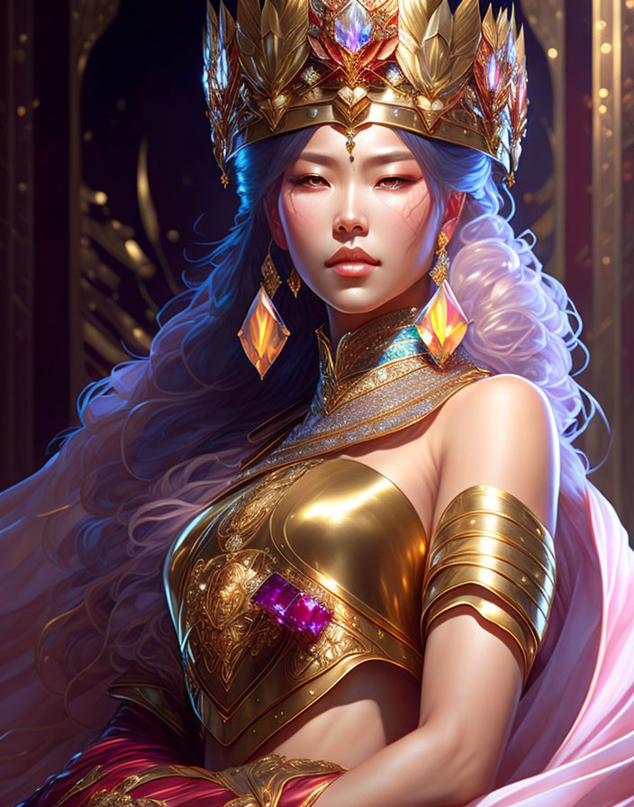 Regal female warrior in golden armor and crown with white hair.