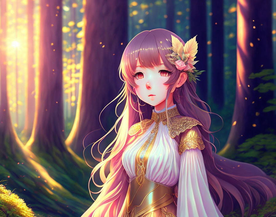 Long-haired animated character in floral headpiece in sunlit forest