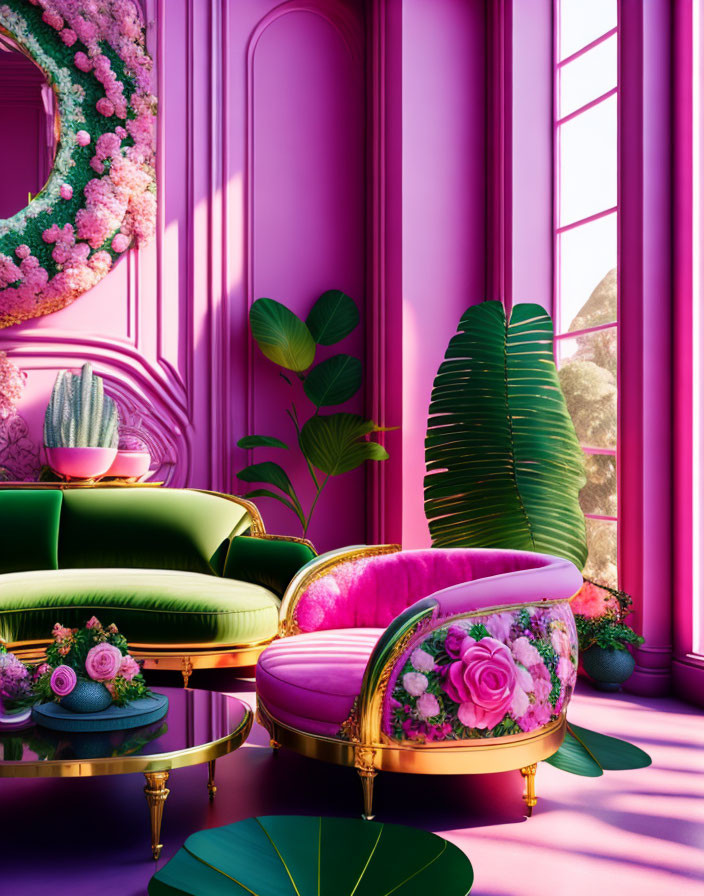 Vibrant Pink Interior with Green Velvet Couch & Tropical Plants