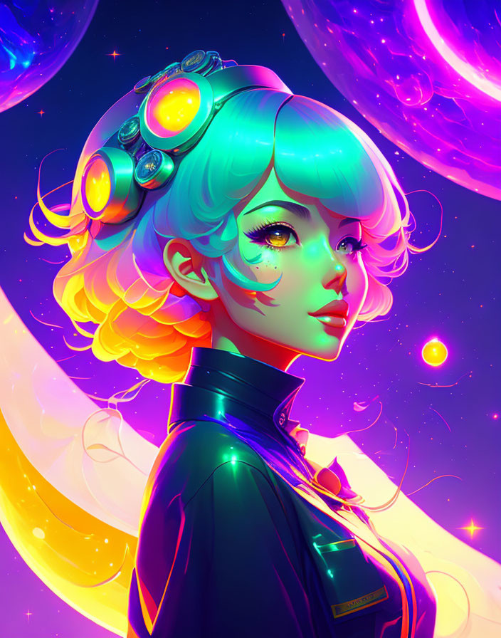 Colorful futuristic woman with aqua hair in cosmic setting