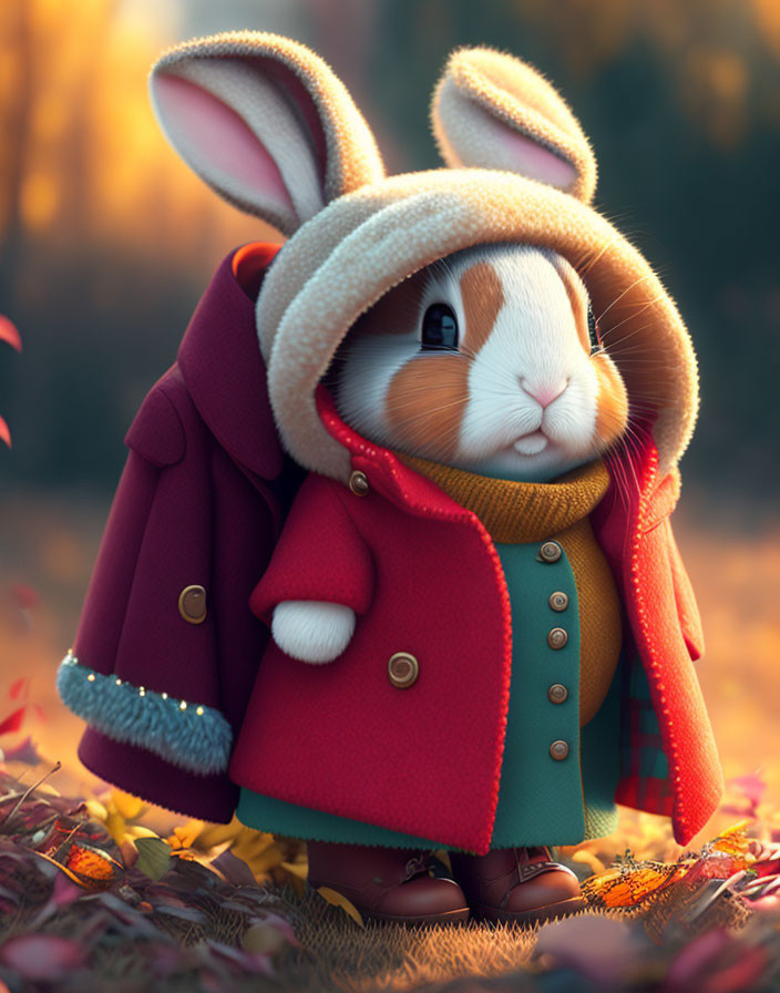 Anthropomorphic rabbit in red coat and scarf in autumn forest scenery